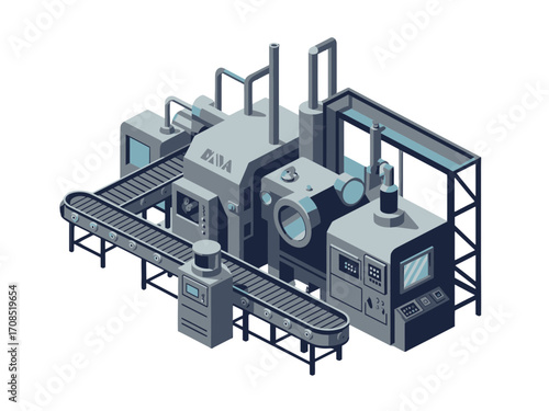 Isometric Blue Factory Illustration Conveyor Belt System on transparent Background