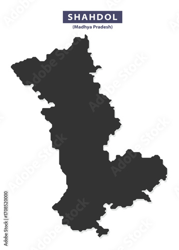 Shahdol district map silhouette vector for geographic infographics, travel guides, and classroom posters, clean black outline on white background