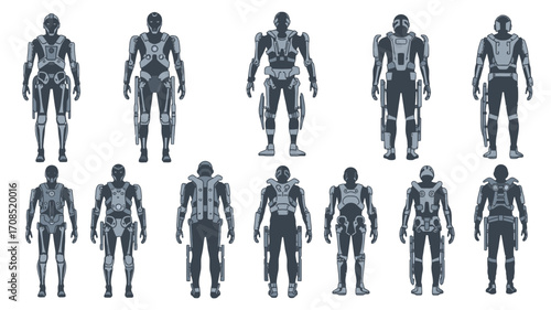 Pixel Art Illustrations of Various Gray Robot Armors on transparent Background
