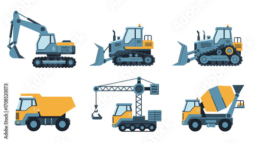 Pixelated Construction Vehicles in Blue and Yellow on transparent Background Digital Art