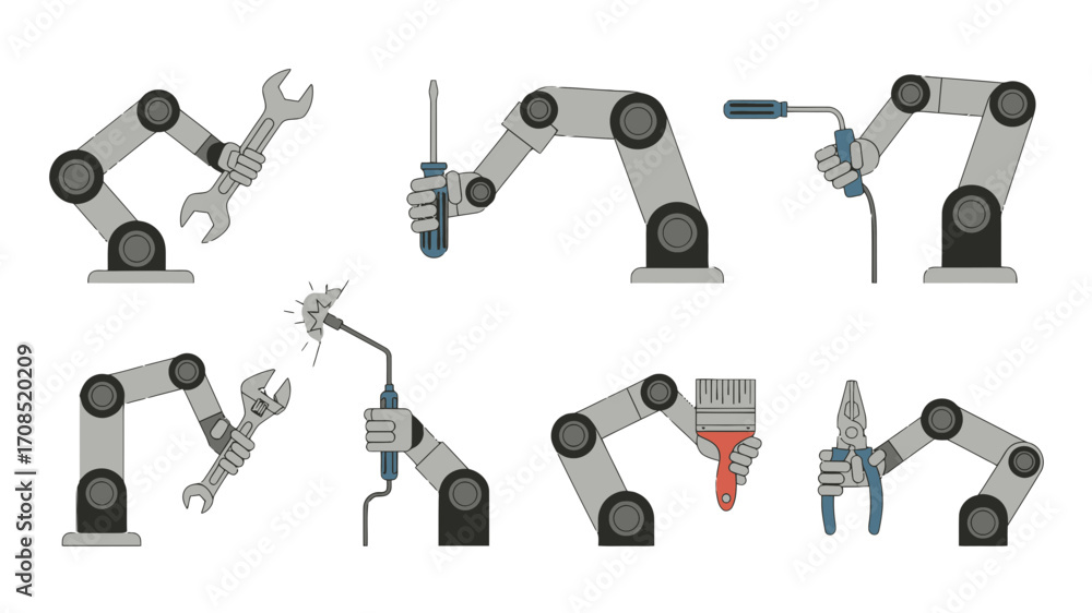 Naklejka premium Robotic Arms Displaying Tools on transparent Background Vector Illustration