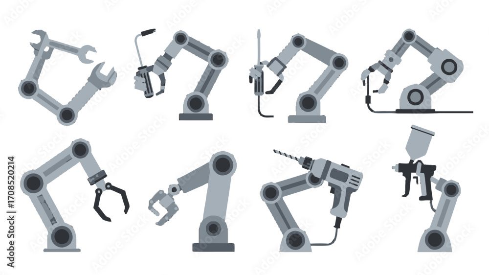 Fototapeta premium Set of Eight Gray Pixelated Robotic Arms on a transparent Background