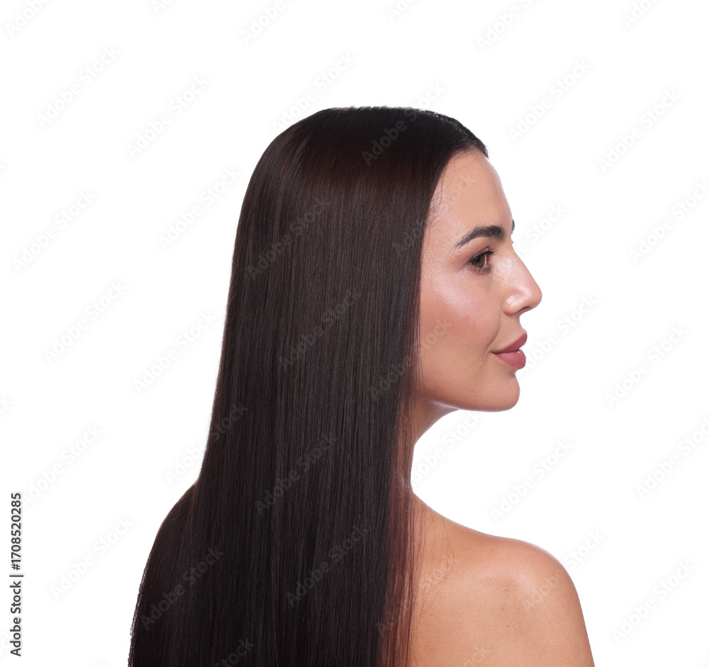 Naklejka premium Woman with beautiful smooth hair after lamination procedure on white background