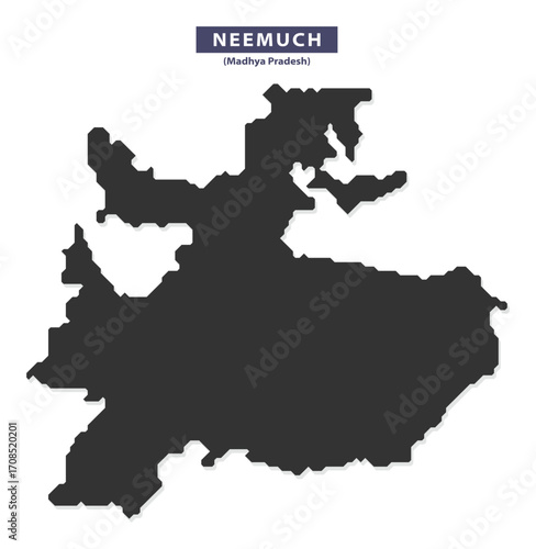 Neemuch district map silhouette vector for educational posters, tourism brochures, and geographic infographics, bold black outline on white background