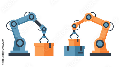 Robotic Arms Lifting Boxes Blue and Orange Against transparent Background Production Process Automated Shipping Vector Illustration