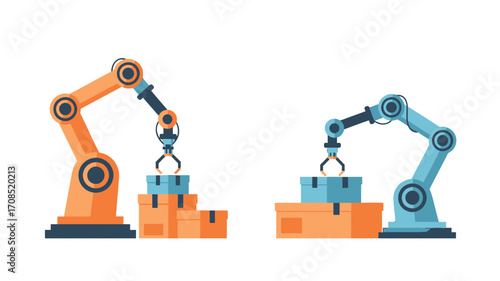 Orange and Cyan Robotic Arms Lifting Boxes in Pixel Art Style on transparent Background Vector Illustration