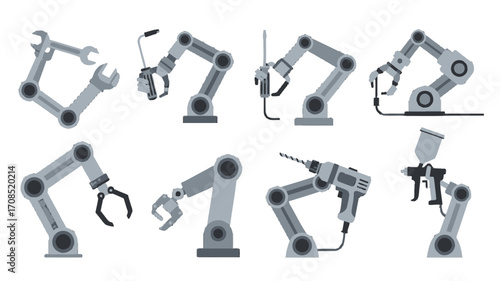 Set of Eight Gray Pixelated Robotic Arms on a transparent Background