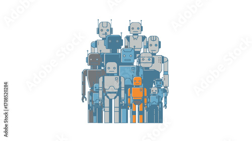 Group of Pixelated Robots in Shades of Gray and Blue with One Orange Robot on transparent Background Vector Illustration