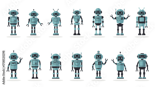 Variety of Pixel Art Teal Robots on transparent Background in Retro Style