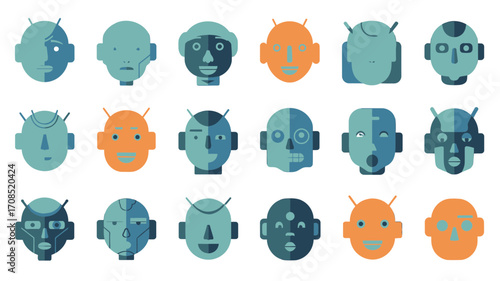 Array of Teal and Orange Pixelated Robot Faces on transparent Background. Different Head Designs and Facial Expressions with Antennas and Geometric Shapes