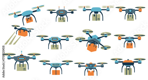 Collection of Pixel Art Style Drones with Boxes Against a transparent Background