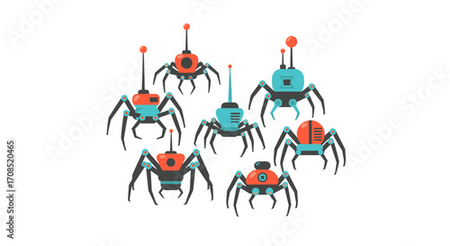 Group of Teal and Orange Pixel Art Robots on transparent Background