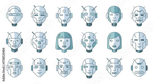 Collection of Robot Heads in Pixel Art Style with Light Blue Hue on transparent Background