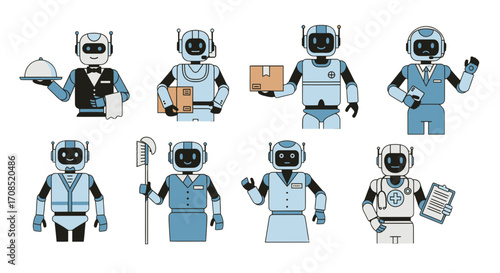 Collection Of Pixel Art Style Robots Depicting Various Professions In Blue Hues On A Dark Background