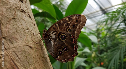 Brown butterfly on tree trunk