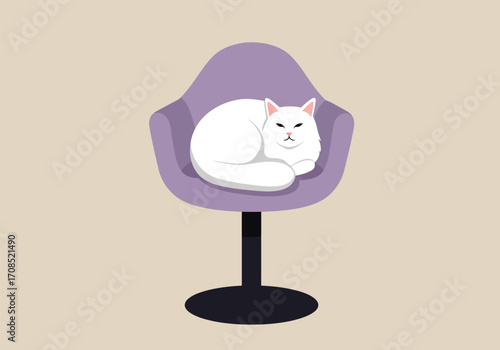 A tranquil white cat is peacefully asleep on a chic purple chair, its soft fur creating a soothing contrast against the chairs sleek design, evoking a sense of calm