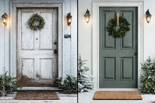 Front door before and after with holiday wreath on winter porch