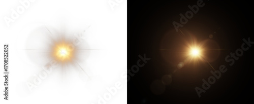 bright golden flare with radiant starburst and glowing rays, abstract sunlight flash on dark background. Starburst PNG illustration, cinematic presentation	