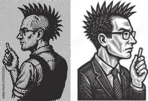 Striking Punk and Teacher Portrait Canvas Digital Art – Bold Black and White Illustration Featuring Spiked Hair, Glasses and Unique Retro Engraving Style