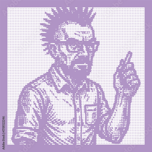 Punk Teacher Halftone Portrait. Purple Retro Digital Art. Man with Spiked Hair and Glasses Illustration.