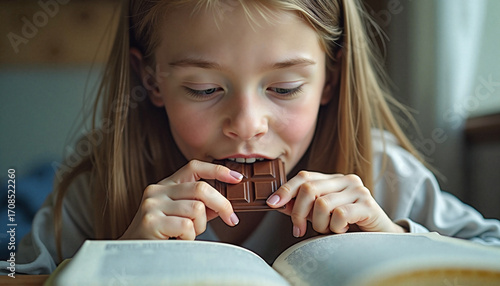  Girl eating chocolate while reading book.
