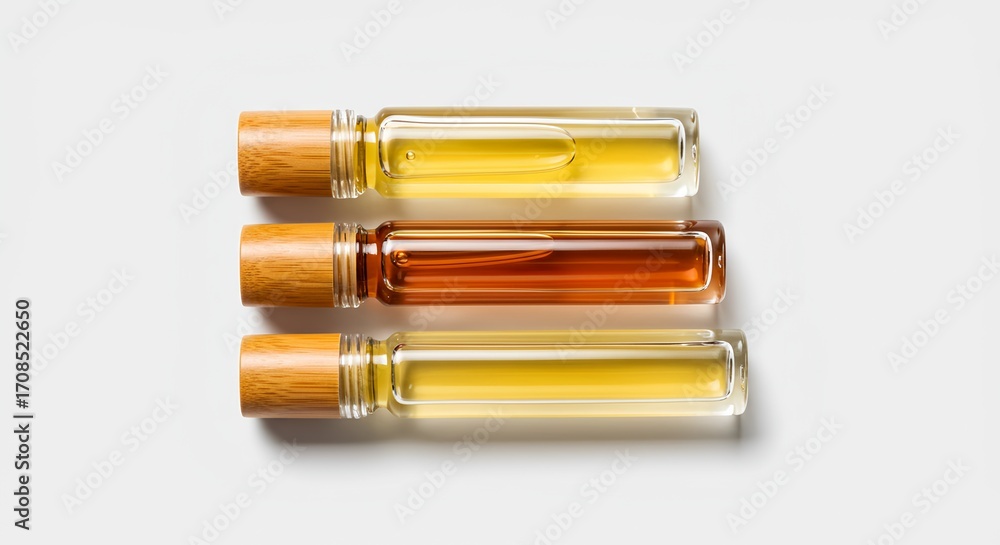 Naklejka premium Three essential oil roller bottles with bamboo lids, a clean flat lay, on a white background with copy space