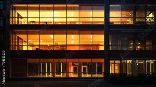 Illuminated modern office building facade at night