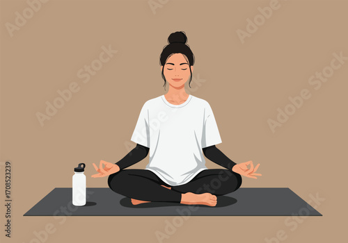 A woman is meditating in a serene yoga pose on a mat, with a water bottle nearby, creating a peaceful scene of mindfulness and wellbeing, promoting relaxation