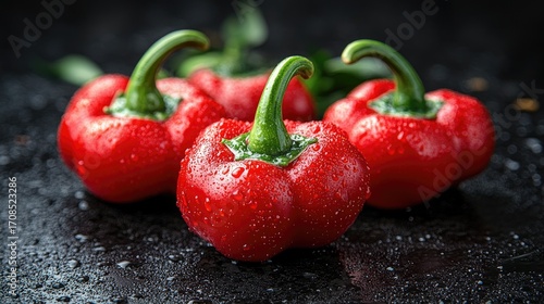Fresh, Red Peppercorns on Dark Surface, Culinary Still Life