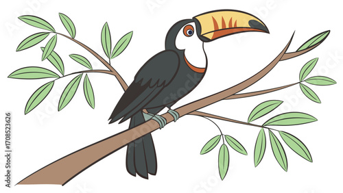 Illustration of a toucan perched on a branch with green leaves in a cartoon style image design