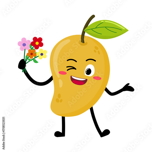 Cute Hand Drawn Mango Holding a bunch of flower