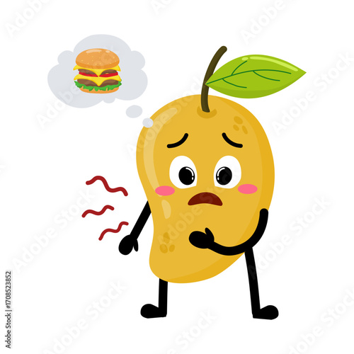 Cute Hand Drawn Hungry Mango Want a Burger With growling stomach
