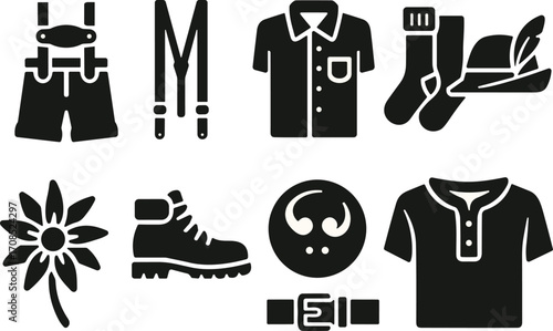 Traditional Bavarian clothing icons set, lederhosen, suspenders, shirt, socks, hat, edelweiss flower, hiking boot, belt, and polo shirt vector