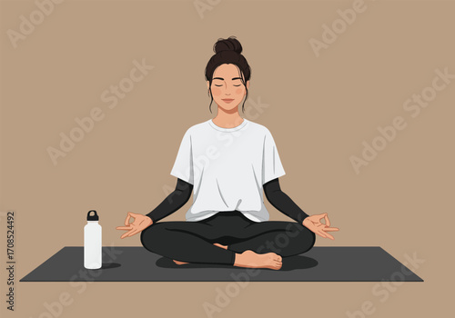 A woman is meditating in a serene yoga pose on a mat, with a water bottle nearby, creating a peaceful scene of mindfulness and wellbeing, promoting relaxation