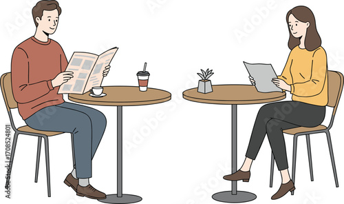 Man and woman sitting separately at café tables, reading newspaper and documents, coffee cup, potted plant, casual lifestyle, indoor scene, flat vector illustration design