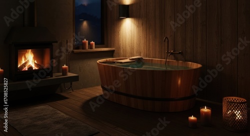 Wooden soaking tub by a fireplace at night. Mountain view