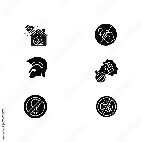 Domestic Violence and Gender Equality Icons Set – Awareness, Prohibition, and Social Justice Symbols