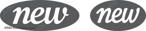 Two oval shaped dark grey labels with the word new written in white script