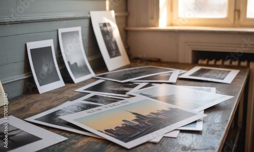 Black and white prints, various subjects, on a wooden table in a room with a window