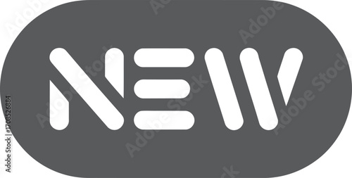 Modern graphic icon with the word new in white on a dark gray rounded rectangle