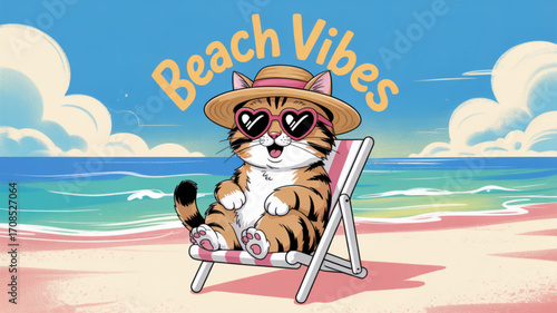 Cute cat beach vacation summer vibes illustration for t shirts and digital design projects download now