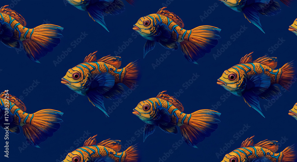 Fototapeta premium A seamless pattern of intricate mandarin fish in vibrant orange on a deep blue background