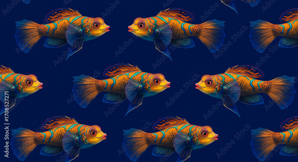 Fototapeta premium A seamless pattern of intricate mandarin fish in vibrant orange on a deep blue background