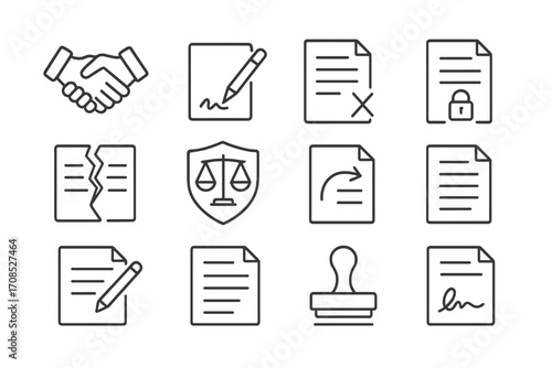 Legal Icon Collection. Line style icons of legal symbols in contracts: agreement handshake, sign here icon, initial lines icon,