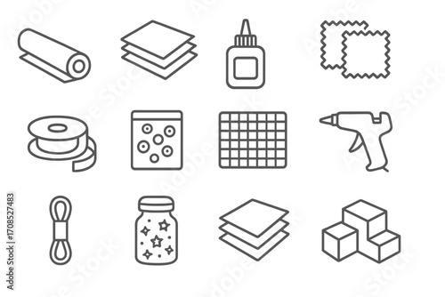 Creative Materials Icons. Line style icons of creative materials: canvas roll, colored paper set, glue bottle, fabric swatches,