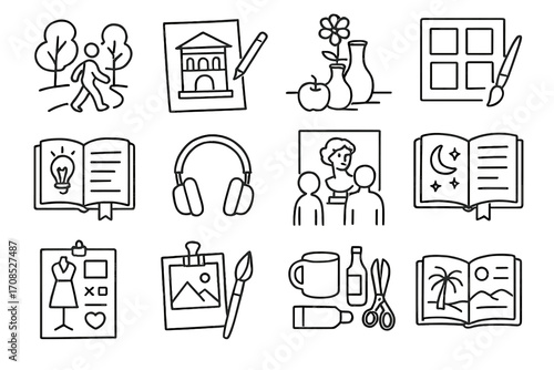 Art Inspiration Icons. Line style icons of art inspiration sources: nature walk icon, architecture sketch, still life setup, color