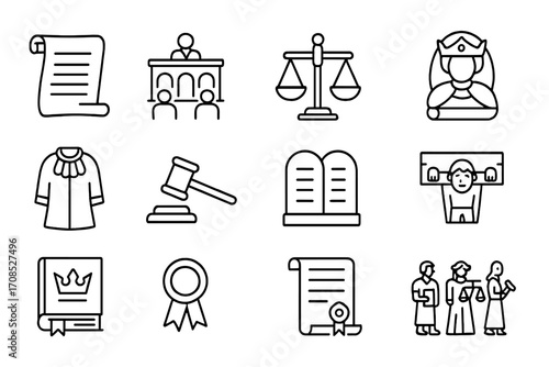 Historical Justice Icons. Line style icons of historical justice: ancient scroll icon, courtroom from past, traditional scales