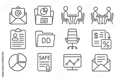 Venture Capital Icons. Line style icons of venture capital process: intro email icon, pitch deck folder, partner meeting icon,