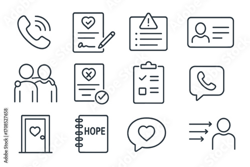 Suicide Prevention Icons. Line style icons of suicide prevention: lifeline phone icon, safety contract icon, warning signs chart,