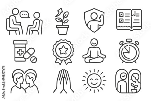 Mental Health Icons. Line style icons of mental health milestones: first therapy session, emotional growth icon, healthy boundary